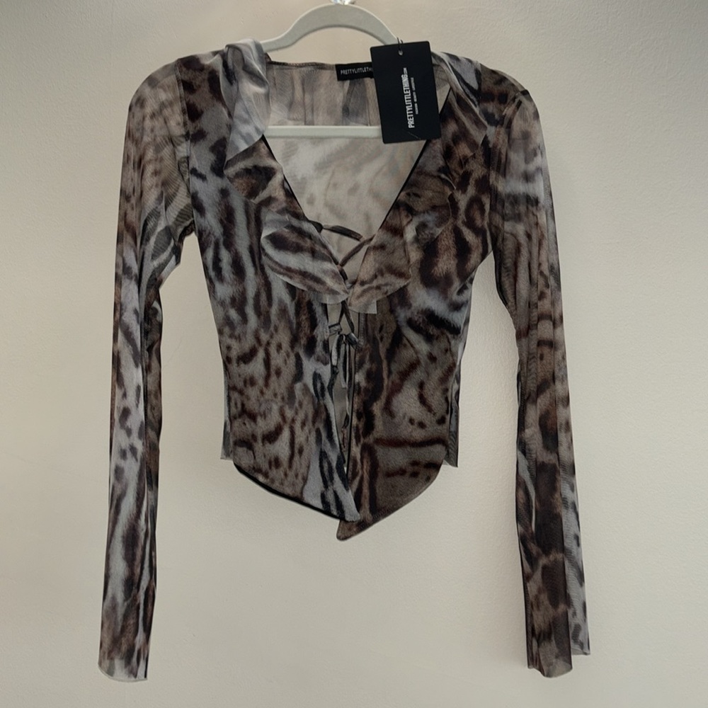 NEW PLT Mesh Ruffle Tie Front Blouse ~Leopard Print